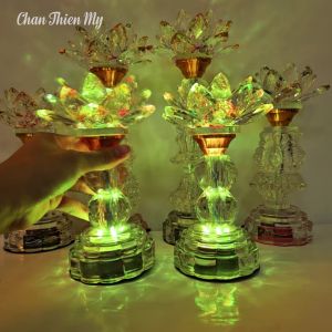 Đèn Thờ Hoa Sen Pha Lê CHÂN THIỆN MỸ Đồ Thờ Cúng Trang Trí Bàn Thờ Phật Gia Tiên HSPL-13