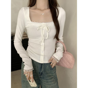 White Lace Trim Long Sleeve T-Shirt Womens Slim Fit Fashionable Base Shirt Top Square Collar Knot Design Autumn Commute Style