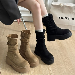 Boots Womens Chunky Sole Fashionable Mid-Calf Brown
