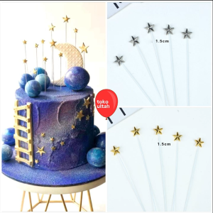 GROSIR 50pcs Topper Kue Bintang Kecil Gold Silver Ukuran 1.5cm untuk Hiasan Cake Ulang Tahun Anak