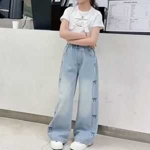 Loose Jeans for Kids Girls 7-16years old New Style Straight Leg Pants Baggy Jeans Embroided Bow Design Fashion Denim Jeans Wide Leg Trousers Summer Teens Pants OOTD