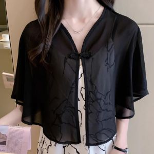 Womens Summer Shawl Sun Protection Lightweight Veil Chiffon Sleeveless round Neck Open Cardigan Versatile Short Pure Color