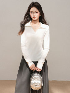 La Chapelle White Long Sleeve Polo Collar Slim Fit Base Shirt T-Shirt Womens Inner Wear Autumn Season Fashion Design Sense Top