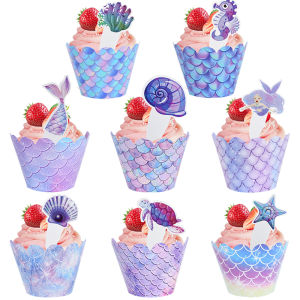 32pcs/set Mermaid Party Cupcake Toppers Ocean Muffin Cake Wrappers For Girls Under The Sea Birhtday Party Cake Decoration Tools