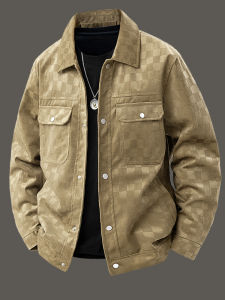 LIEYAN | Checked Suede Look Retro Workwear Jacket Khaki