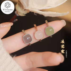 Viviann Original Hetian Jade Ring Female White Jade Sterling Silver Plated 18k Gold Jade Ring Exquisite Chinese Ring Gold Hetian Jade Cloisonne Auspicious Cheongsam Accessories Women Jewelry Gift