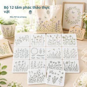Bộ 12 Khuôn Vẽ Thực Vật Tái Sử Dụng Bằng Chất Liệu PET Mẫu Vẽ DIY Dùng Cho Tranh Vẽ Trên Gỗ Túi Vải Tường Sổ Lưu Niệm Trang Trí Hoa Lá Đồ Thủ Công
