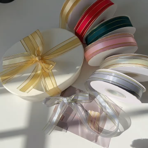 (45 Yards/roll) 2.5cm Gold Edge Ribbon Handmade DIY Craft Gift Floral Packing Satin Ribbon