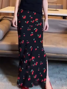 MANMI | Cherry Print Elegant Dress High Waist Slit Maxi