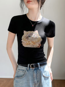 GEBEISHANG | Cat Print Crystal Embellished Round Neck Short Sleeve T-shirt