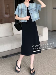 สีดำ กระดุมเดี่ยวคอกลม เดนิม เสื้อแจ็คเก็ตสั้นแขนสั้น ผู้หญิง ฤดูร้อน ทันสมัย หลากหลาย ภายใน เดรส ขนาดจิ๋ว กระโปรงทรงเอ