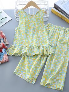 Bộ Đồ Trẻ Em Bằng Vải Lụa Cotton Mùa Hè Mới Cho Bé Gái Áo Vest Và Quần Ống Rộng Bằng Cotton Nhân Tạo Bộ Đồ Mặc Nhà Mỏng Thoáng Khí