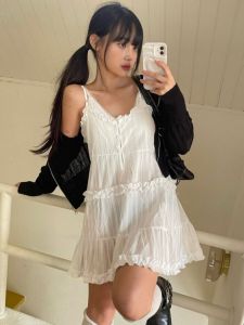 Adorable Pastel Sweet Korean-style Retro Slim-fit Patchwork Lace Dress with Cute Strap Detailing High Waist A-line Skirt