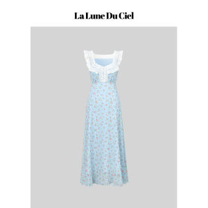 La lune Du ciel | Đầm Nghỉ Dưỡng In Hoa Cổ V Thun Ôm Eo Voan
