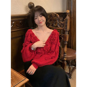 Red V-Neck Handmade Crochet Christmas Sweater Womens Autumn Winter Loose Age-Defying Belted Knitted Shirt Stylish Elegant Top