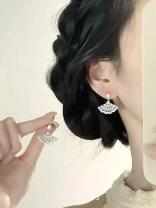 New Chinese Style Fan Shape Flashy Full Diamond Earrings High Aesthetic Value Precise National Style Small Audience Earring Decorations