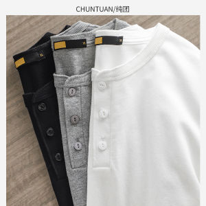 Áo Phông Dài Tay Cổ Henly Nặng Kiểu Mỹ Áo Hoodie Rộng Rãi Mùa Xuân Thu Cho Nam Áo Mặc Trong Cotton Ami Ka Ki Chà Nhám