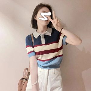 French Design Polo Neck Color Block Blouse Summer Womens Clothing