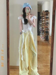 กางเกงลำลองลายจุดสีบอร์ดิวน่ารักเอวสูงสำหรับผู้หญิงในช่วงฤดูร้อน กางเกงขายาวทรงหลวมเอวสูงทรงสลิมฟิต กางเกงขายาวทรงหลวมสำหรับเดินเล่น