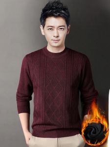 ROMON | Lormen Mens Knitted Thickened Round Neck Sweater Winter Fashion Casual Loose Fit Polyester Long Sleeve Turtleneck Thermal Shirt