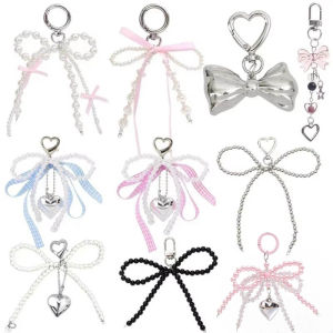 Multi-style🔥 Korean Sweet Pearl Bow Keychain Heart Pendant Keyring INS Style Beaded Y2K Aesthetic Key Holder for Girls Bag Pendant