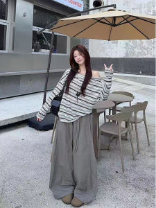 Lazy Striped Color Blocked Long Sleeve UV Protection Clothing for Women Summer Cover up Loose Casual T Shirt Slimming Top Fashion Forward