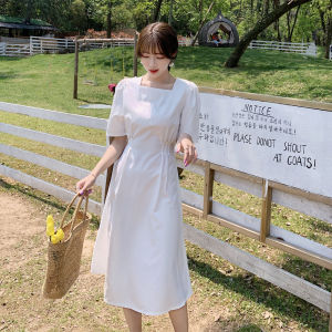 Váy Ngắn Tay Cổ Vuông Thanh Lịch Mùa Hè Cho Nữ Dài qua Đầu Gối Váy Midi Màu Trắng Đơn Giản Cho Ngày Đầu Tiên Của Tình Yêu