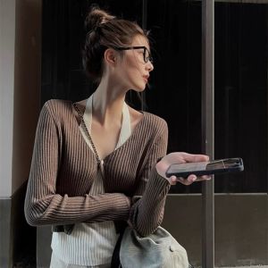 CHOEFULYN | Elegant Brown Off-Shoulder Knit Sweater for Women
