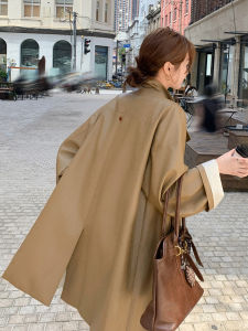 Khaki PU Leather Jacket Womens Mid-Length Double-Breasted Coat Spring Autumn New Style Korean Design Sense Leather Coat