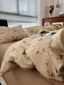 Ins Girl Cartoon Naught Dog Double-sided Washed Bubble Cotton Four-piece Bedding Set Student Duvet Cover Bed Sheet Three-piece Set