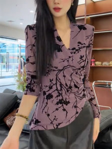 QINGNAER | Large French Style Elegant Purple Floral V-Neck Waist-Fitted T-Shirt