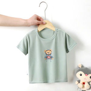 Ice Silk Short Sleeve T-Shirt Childrens Pure Color Cartoon mid Large Children Baby Half Summer New Arrival Casual Fiber Fabric