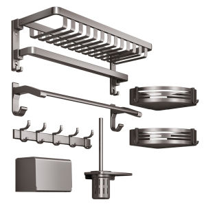 Space Aluminum Bath Towel Rack Set Wall Mounted Bathroom Storage Organizer No Drilling Required Modern Style Toilet Shelf