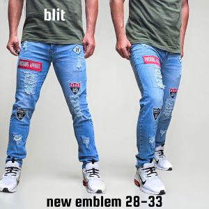 Celana Jeans Sobek Pria Panjang Emblem Stretch Melar Denim Tebal Slimfit Skinny Size 28-33