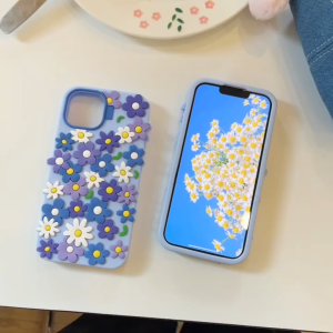 3D full screen blue floral silicone phone case for iPhone 13 14 15 16 17 Pro Max casing Soft silicone protective cover for iPhone13 case