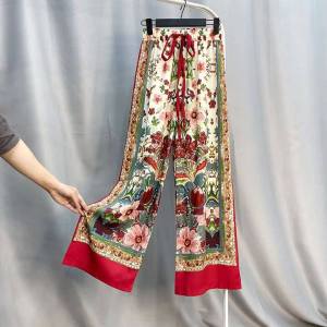 สไตล์โบฮีเมียน ขากว้าง กางเกง หลวม Fit พรางหุ่น ชุดชายหาด ลำลอง ฤดูร้อน กางเกงขายาว For Women High เอว ผ้าชีฟอง Floral กางเกง