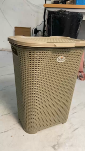 Laundry Hamper With Lid Woven Plastic Basket Clothes Storage Organizer With Handles For Home Bedroom Laundry Room