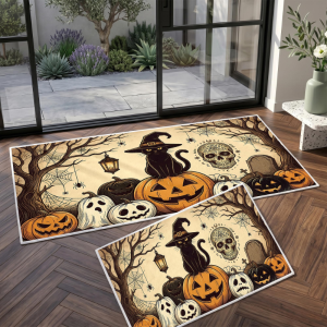 VIKAMA 1/2pcs Black Cat Halloween Rug Country Vintage Style Entrance Door Mat Kitchen Floor Mat Holiday Home Decor