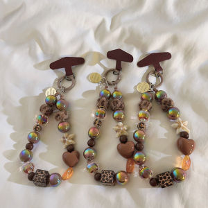 Trendy Brown Beaded Bracelet Pendant Womens Handbag Mobile Phone Case DIY Anti-Loss Hanging Ornament CCD Camera Lanyard Wristband