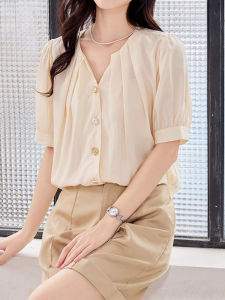 WANGGONGZHU | Lace V-neck Tencel Shirt Women Summer Thin New Loose Fashion Short Sleeve Top Elegance Bubble Sleeve Korean Style Pure Color