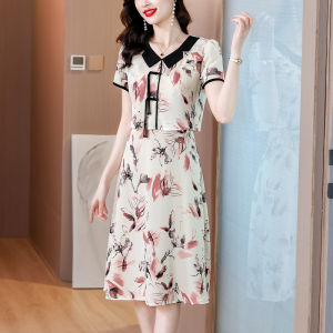 MAIMEI | Fashionable Summer 2025 Womens Short Sleeve Waist-Cinching Doll Collar Dress Korean Style A-Line Midi Skirt Single Piece