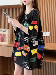 Loose Fit Graffiti Print Cotton T-Shirt Womens Mid-Length Short-Sleeve Summer Fashionable Anti-Aging Trendy Top