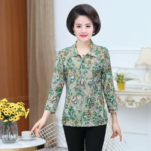 Áo Sơ Mi Lụa Băng Tay Bảy Mùa Hè Cho Mẹ Áo Thun Kẻ Sọc Thời Trang Cổ Polo Dáng Rộng Thường Ngày Cho Nữ