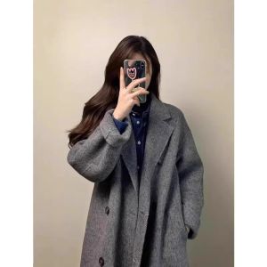 เสื้อโค้ทขนสัตว์สีเทา ฤดูใบไม้ร่วง/ฤดูหนาว 2025 เสื้อโค้ทขนสัตว์ผ้าขนสัตว์เนื้อนุ่มสไตล์เกาหลี ทรงเข้ารูป ทรงเข้ารูป สไตล์ฮิปสเตอร์