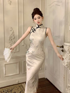 Váy Dài Không Tay Gợi Cảm Cạp Cao in Hoa Phong Cách Mới Trung Hoa Cổ Điển Cho Bé Gái Váy Midi Cạp Cao Có Khóa Kéo Và Nút Thắt