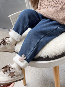 กางเกงยีนส์เด็กหญิงบุขนกำมะหยี่แบบใหม่ฤดูใบไม้ร่วงและฤดูหนาวปี2023ชุดฤดูหนาวหนาพิเศษสำหรับเด็กหญิงและเด็กชายกางเกงบุขนทั้งตัว