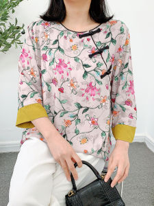 เสื้อเชิ้ตผ้าไหมฝ้ายสไตล์จีนใหม่สำหรับผู้หญิง ฤดูร้อน ทรงหลวม แขนยาว 7 นิ้ว กระดุม ทรงสลิม เสื้อยืดคอตตอนเทียม บาง