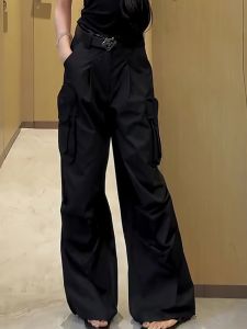Black High Waist Loose Wide Leg Pants Multiple Pockets Workwear Style Casual Trousers for All Body Types Autumn Fashion
