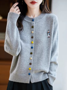 Spring Autumn Pure Color Knitted Cashmere Open Cardigan Womens Loose Long Sleeve round Neck Sweater Outerwear Korean Style