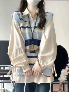 Womens College Style Two-Piece Set Striped Drawstring Knit Vest Sweater Student Fashion Ensemble Autumn Season Acrylic Material